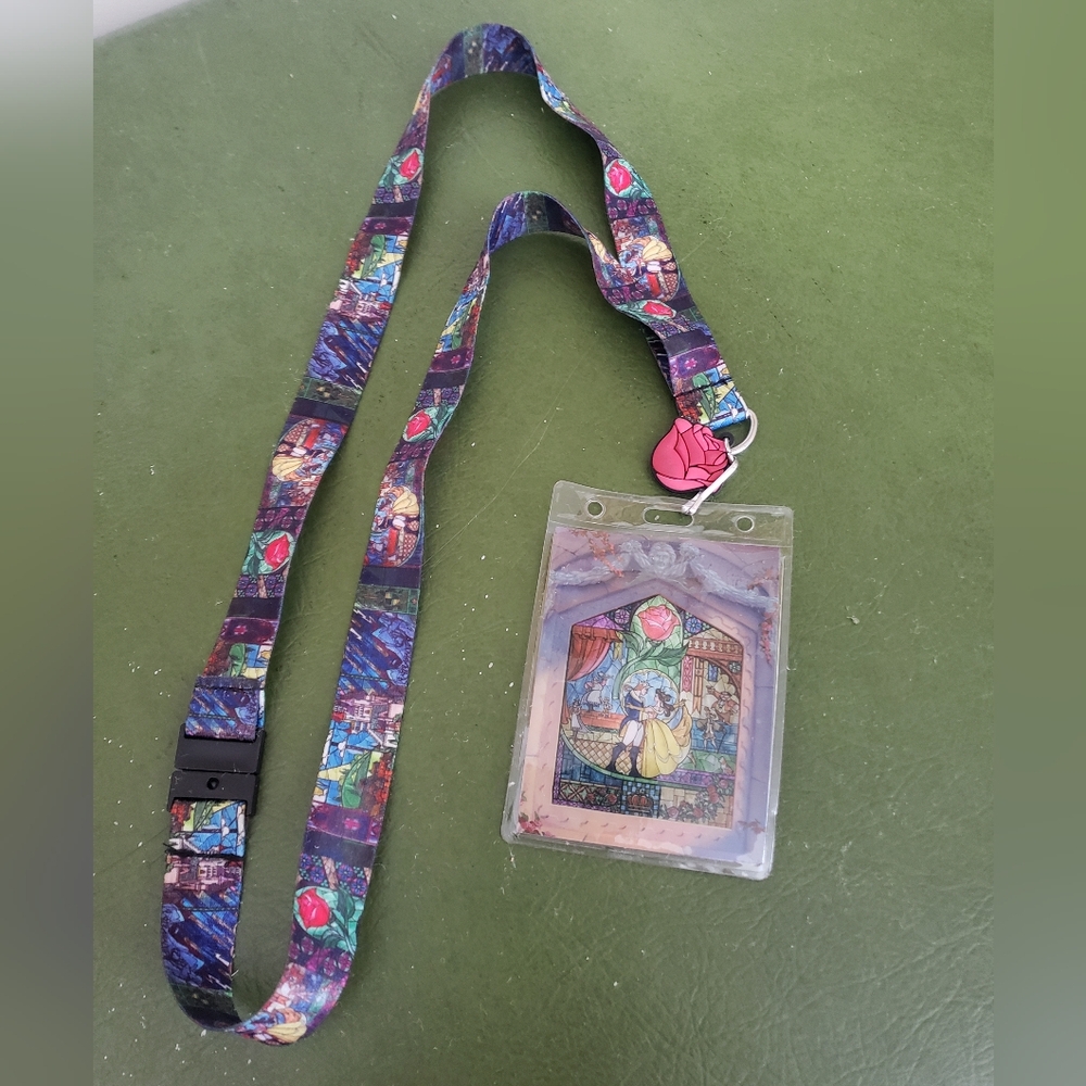New Rare Disney Beauty And The Beast Colorful Stained Glass Lanyard w ID Holder